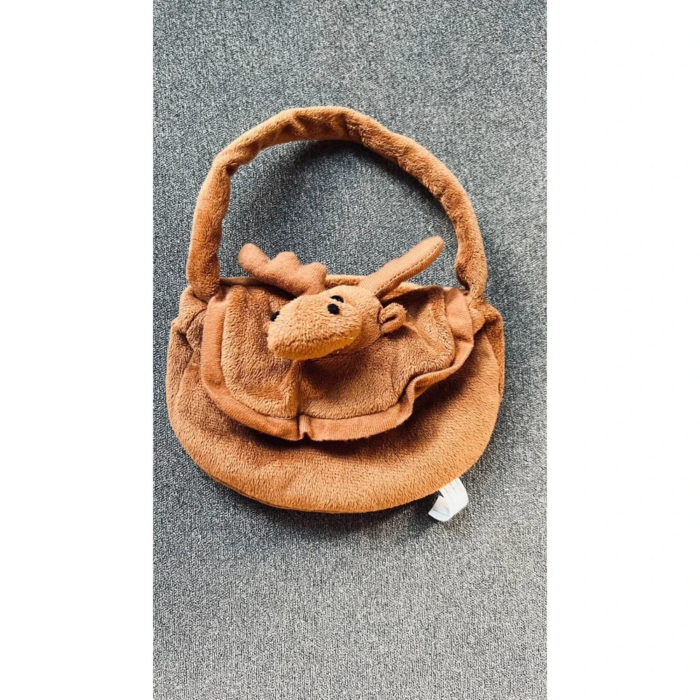 Unbranded Plush Moose Handbag Kids Small Brown Fuzzy Animal Purse